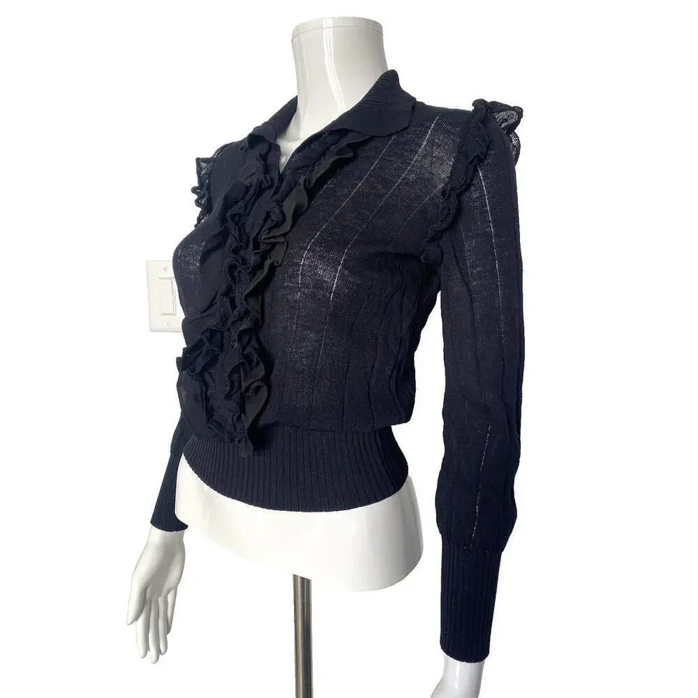 2003 CHANEL 03A Black Ruffle Long Sleeve Blouse Top FR-36
